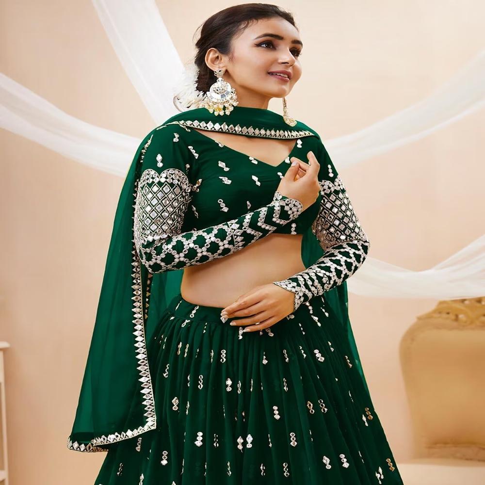 Green Nova Embroidered Semi Stitched Lehenga Choli  Dupatta Set