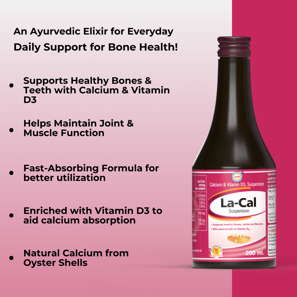 Lgh La Cal Suspension - Calcium Carbonate 625mg, Vitamin D3 125 I.u | Herbal Body Care, Suitable For All, 1-2 Years Shelf Life