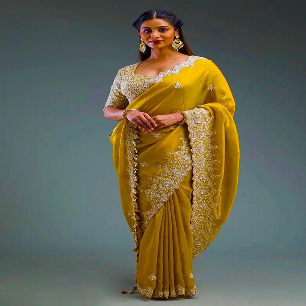Yellow Golden Wedding Saree - Design: Embroidery