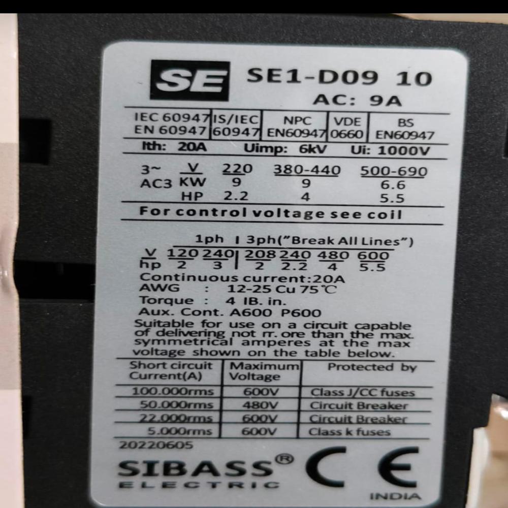 Sibass Contactor 9amp 415v New Boxpack Part Num - Se1d0910 - Application: Industrial