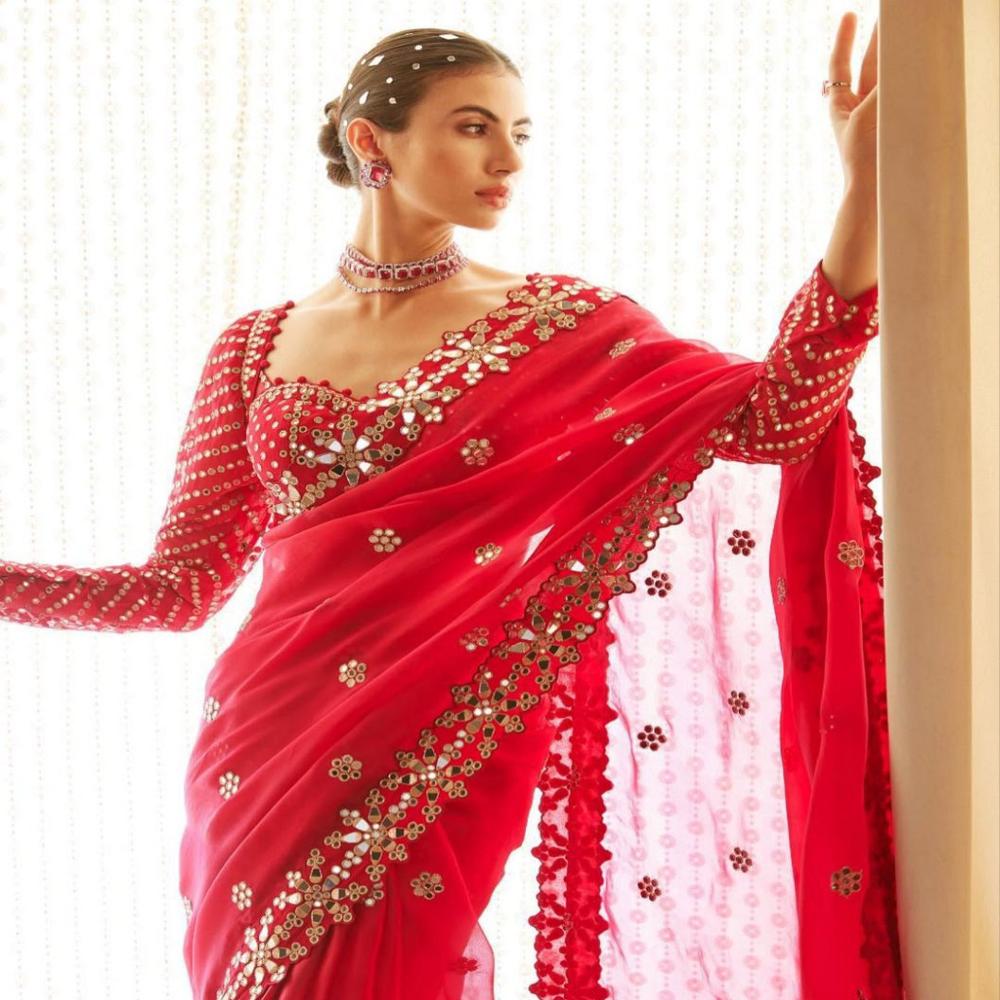 Party Wear Fancy Saree - Color: Red