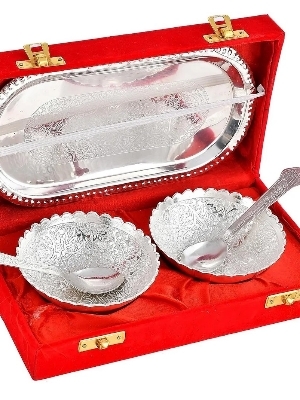 Resin Bengalen Silver Plated Bowl Spoon Set Light Weight with Red Box