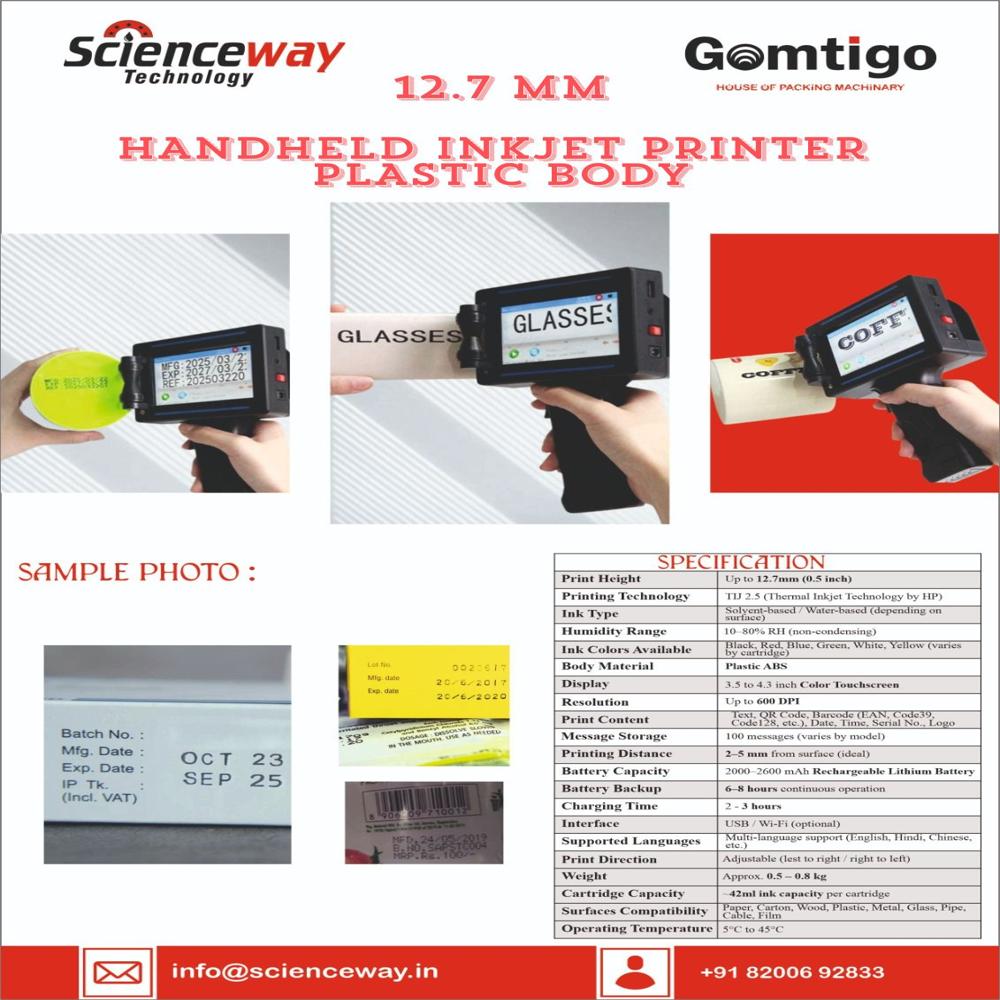 Handheld Inkjet Printer Scienceway 12.7mm Plastic Body