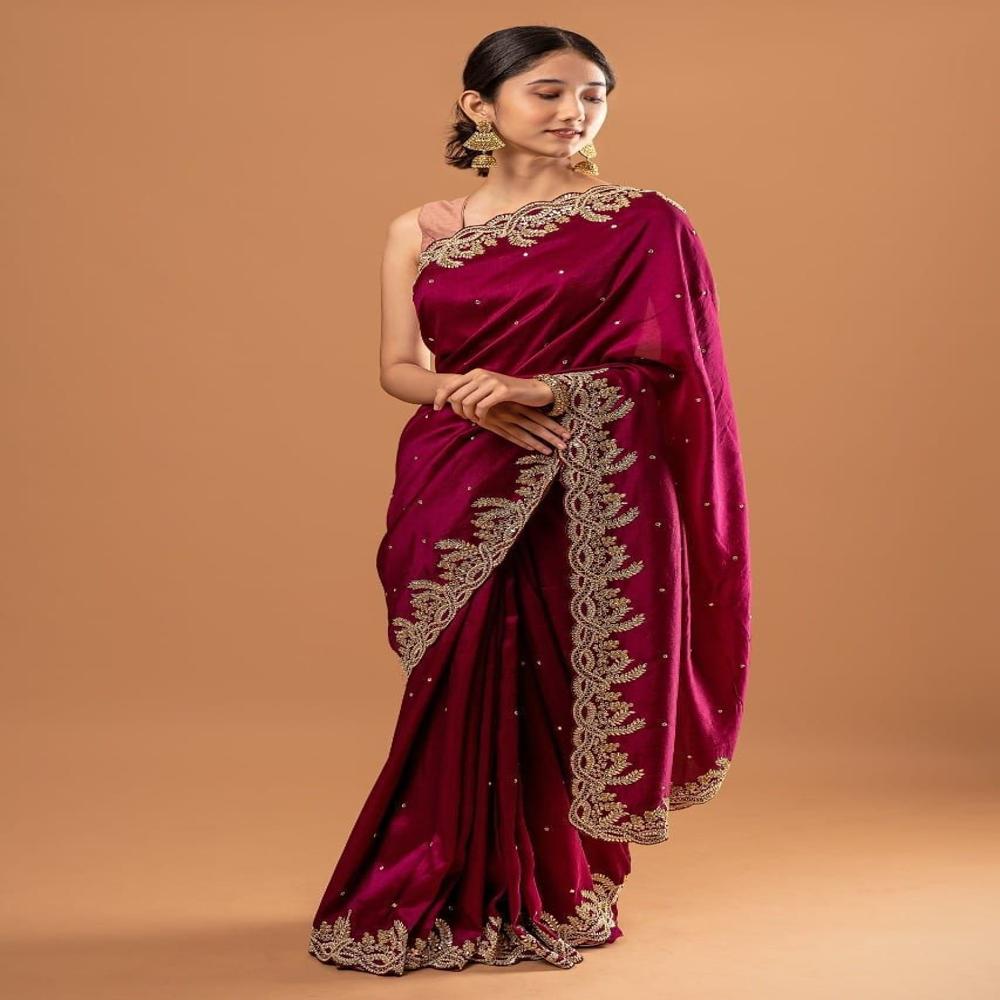Elegant Maroon Fancy Saree - Design: Embroidery