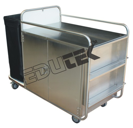 Linen Trolley - Stainless Steel & Laminated Board, Overall 1335 X 620 X 1120mm, Lightweight With 3 Shelves, 1 Bag Holder, Maneuverable Design, 1-year Warranty