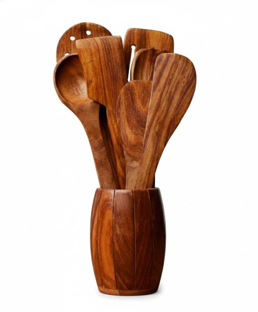 7 Pcs Wooden Utensil With Holder - Color: Brown
