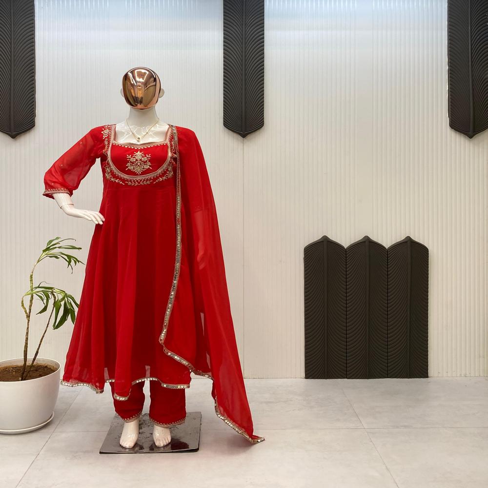 Beautiful Long Anarkali Suit Set - Color: Red-yellow-green