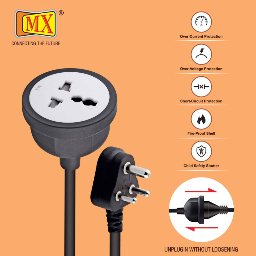 Mx Single Socket Extension Board With 1.5M Heavy Duty Long Wire Cord, Use To Exetend Power Socket 2500W 10A Expandable Electric Extension, 3 Pin Plug With Surge Protection & Child Safety Shutter, Black (Mx-4218) Pack Of 1 - Feature: Good Quality