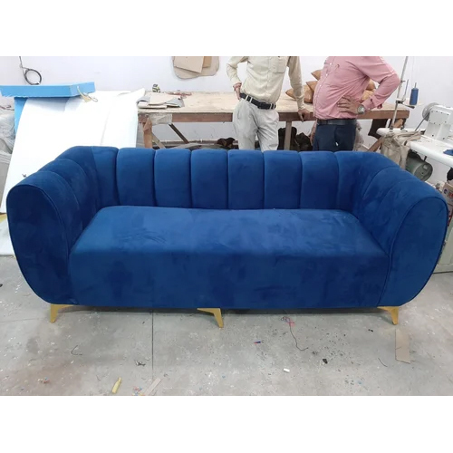 Three Seater Sofa - Wood Construction, Spacious Design For 3 People, Elegant Blue Upholstery, Modern Indian Style For Indoor Living Room