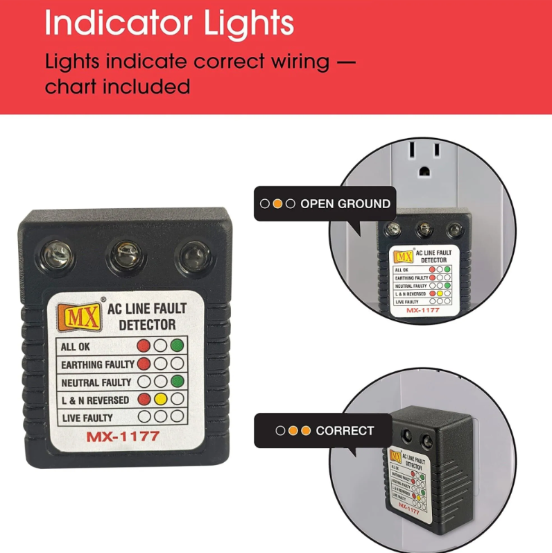 Mx Ac Electrical Line Fault Detector 5amp 3 Pin Socket Tester With Automatic Earthing & Neutral Faulty | L&n Reversed | Live Faulty Detector With Ryg Led Indicator Wall Plug Mx 1177 - Color: Black