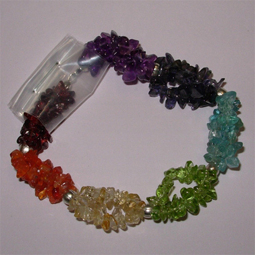 7-Colour Chakra 3-Line Tumbled Chips Bracelets With Silver Plated Metal Balls
