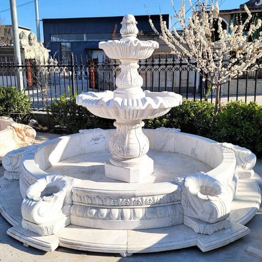 Round White Marble Carved Fountain