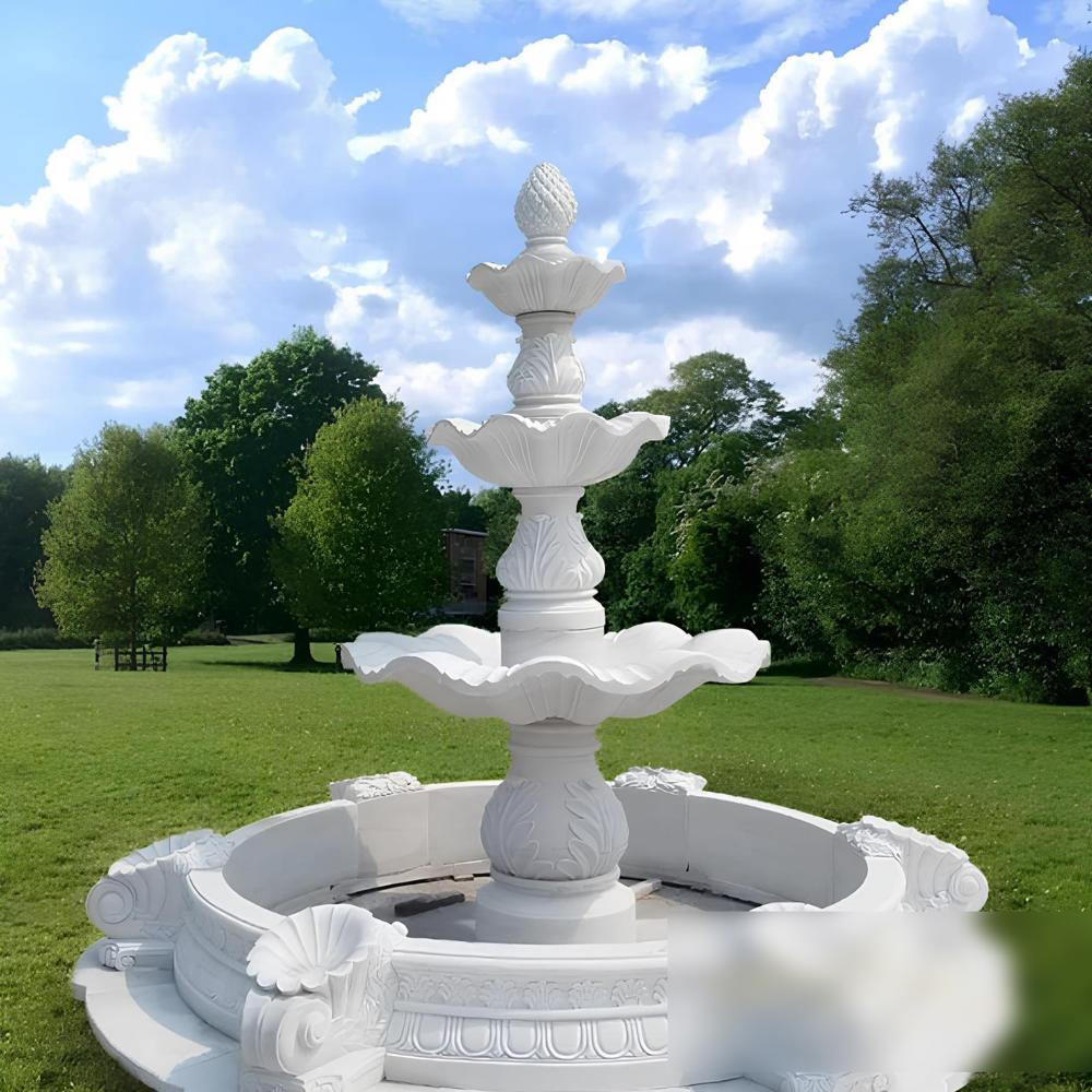 Round White Marble Carved Fountain