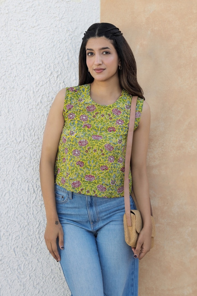 Ladies Floral Block Printed Cotton Top - Color: Different Available