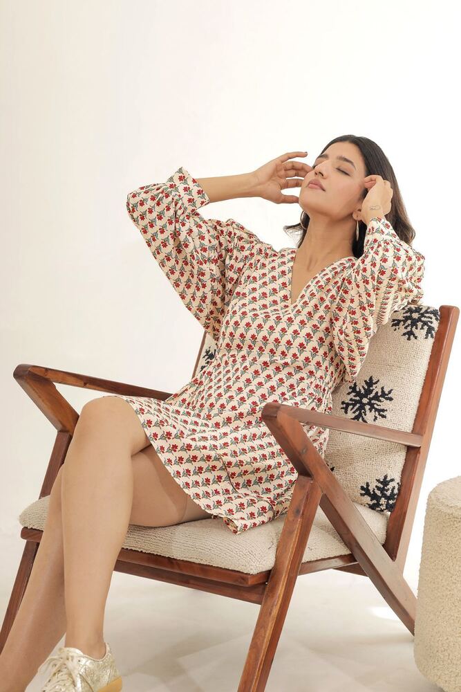 Ladies Beige Printed Cotton Dress - Feature: Quick Dry