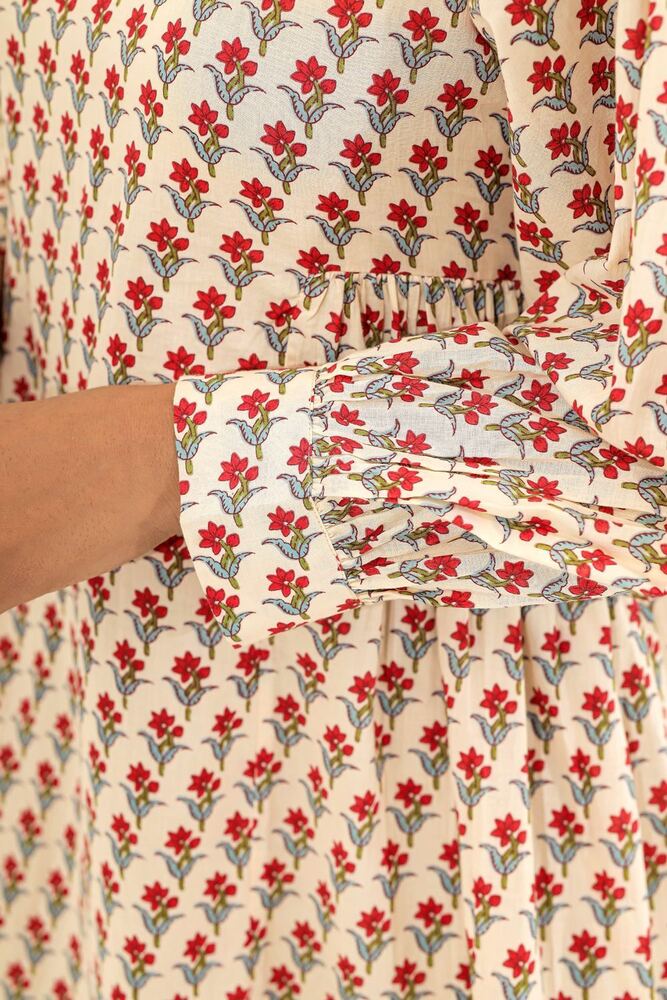 Ladies Beige Printed Cotton Dress