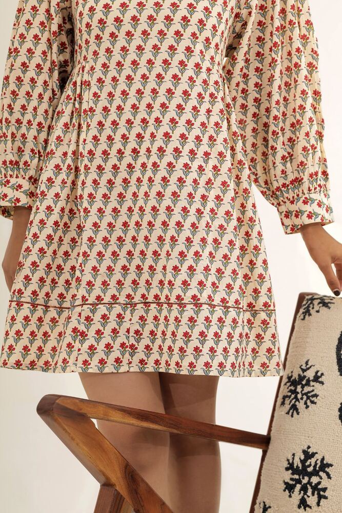 Ladies Beige Printed Cotton Dress