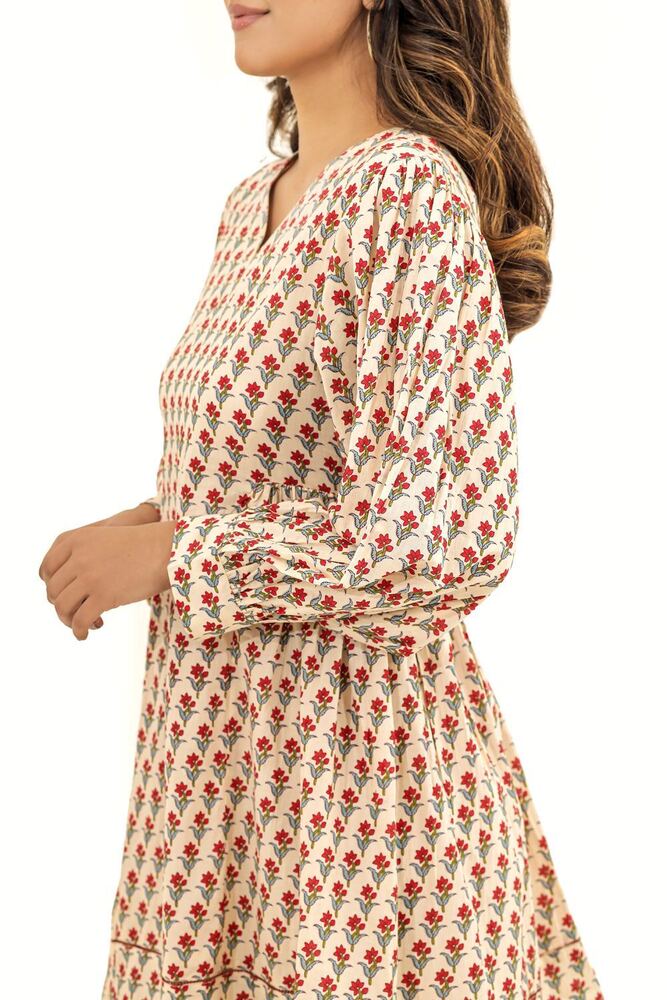 Ladies Beige Printed Cotton Dress