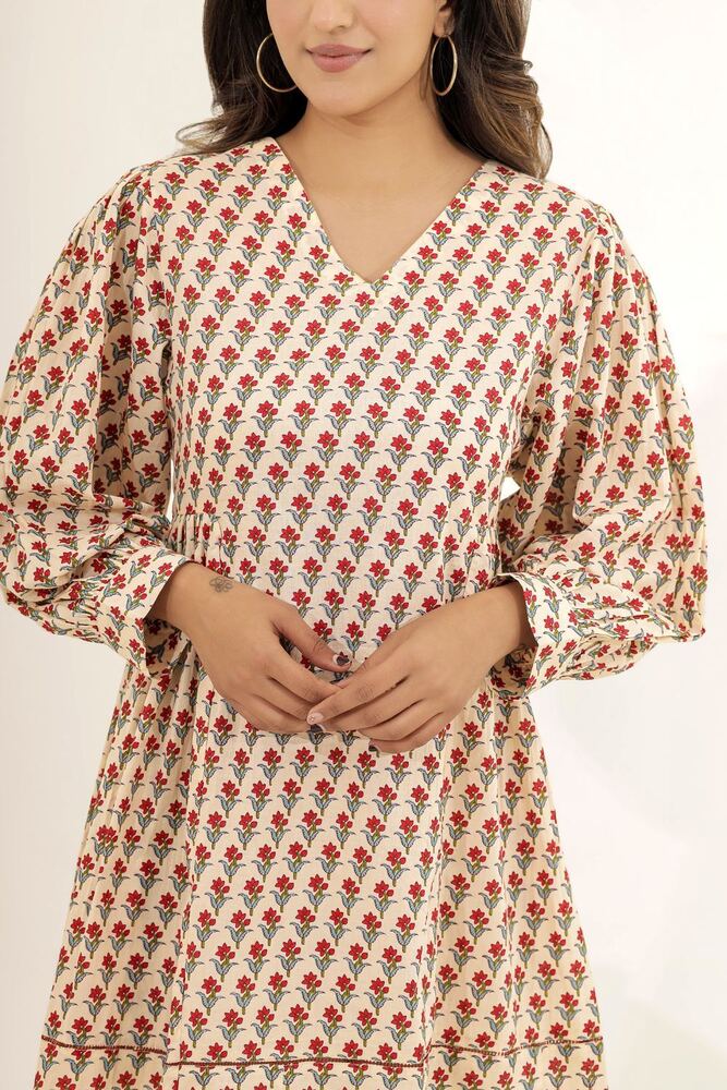 Ladies Beige Printed Cotton Dress