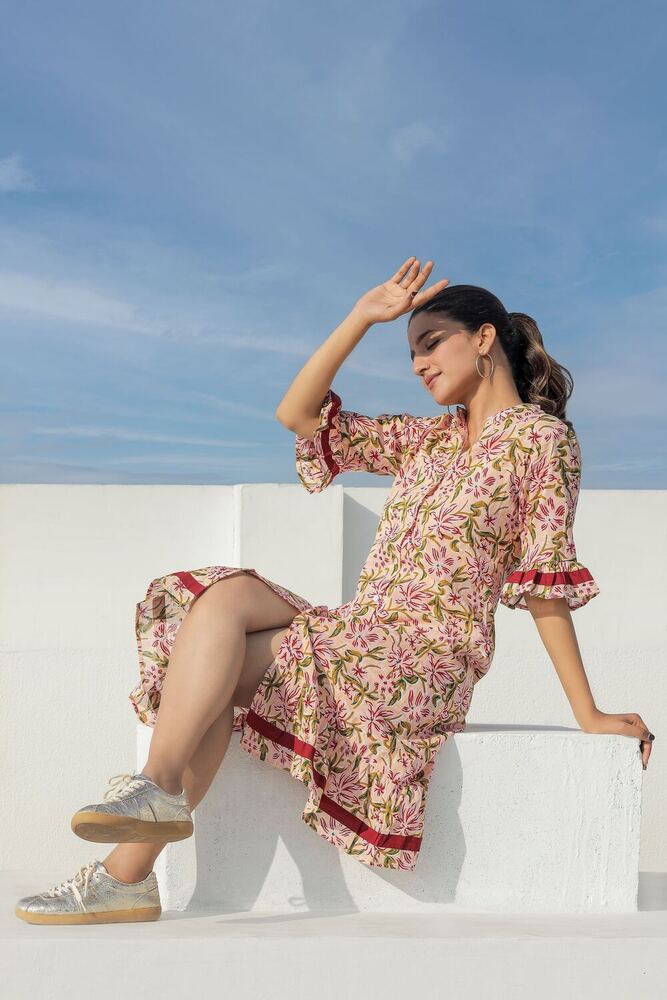 Ladies Light Brown Printed Cotton Dress - Feature: Washable