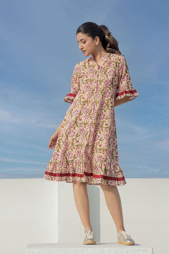 Ladies Light Brown Printed Cotton Dress