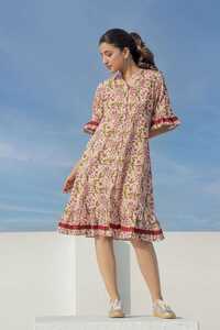 Ladies Light Brown Printed Cotton Dress