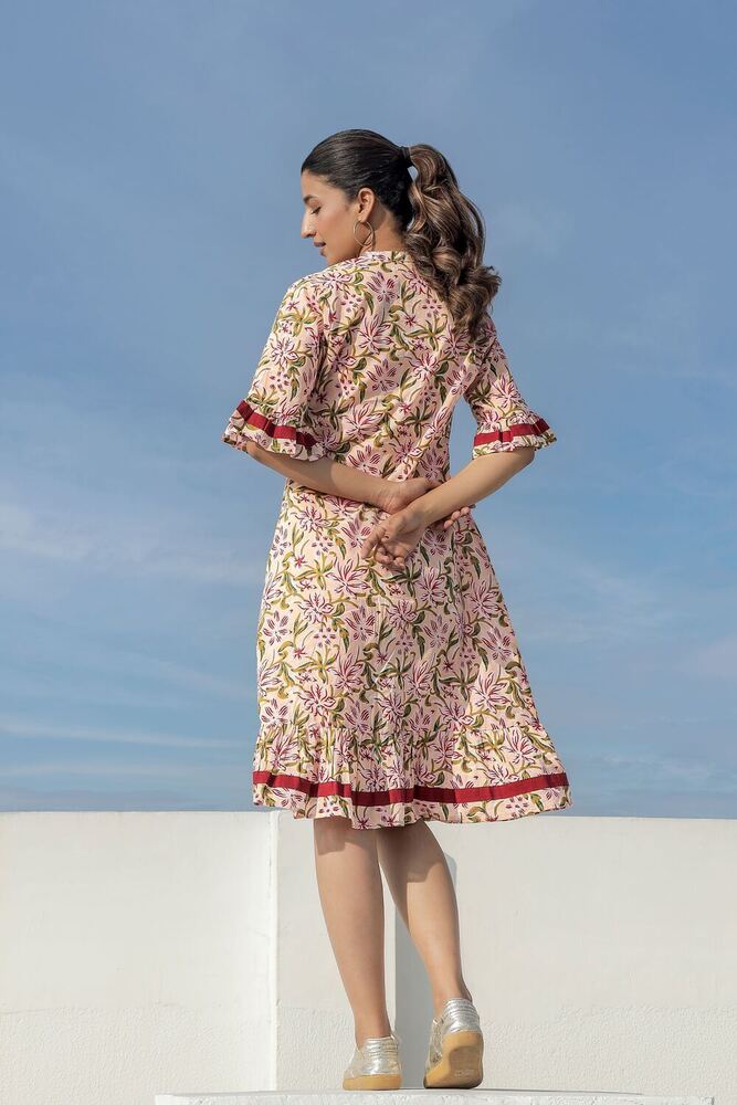 Ladies Light Brown Printed Cotton Dress