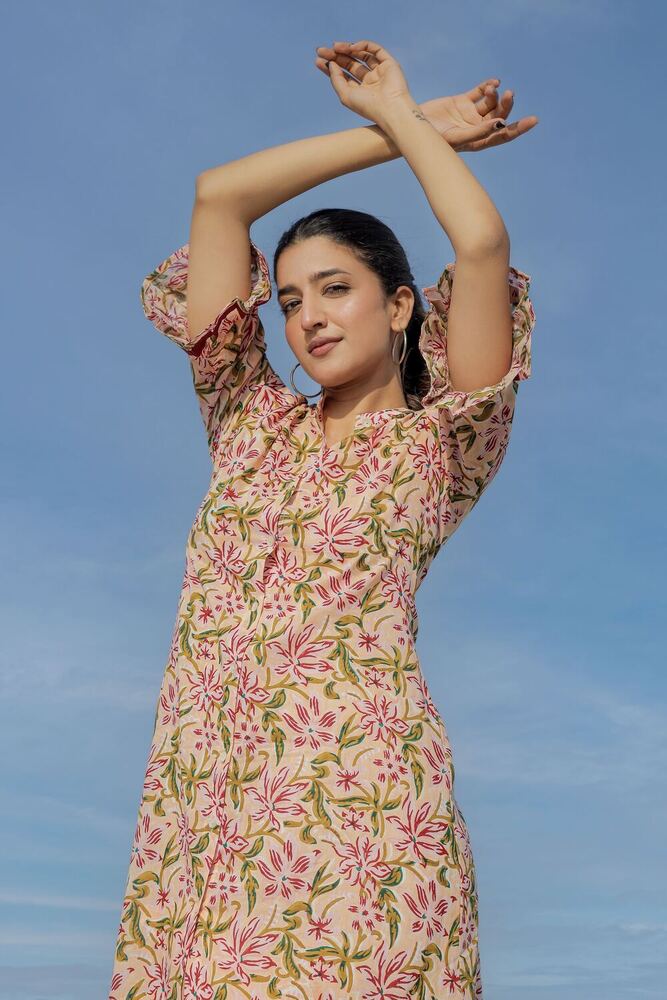 Ladies Light Brown Printed Cotton Dress