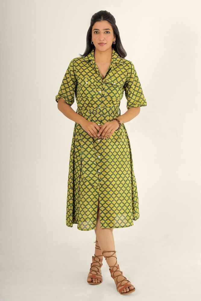 Ladies Green Block Printed Cotton Dress