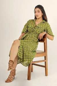 Ladies Green Block Printed Cotton Dress