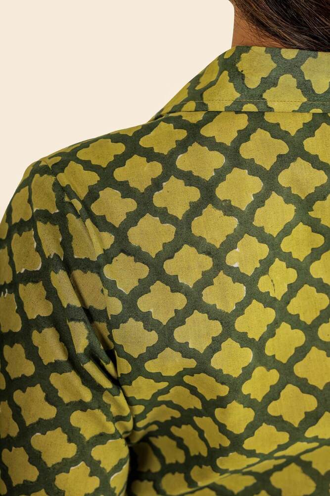 Ladies Green Block Printed Cotton Dress