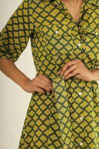 Ladies Green Block Printed Cotton Dress