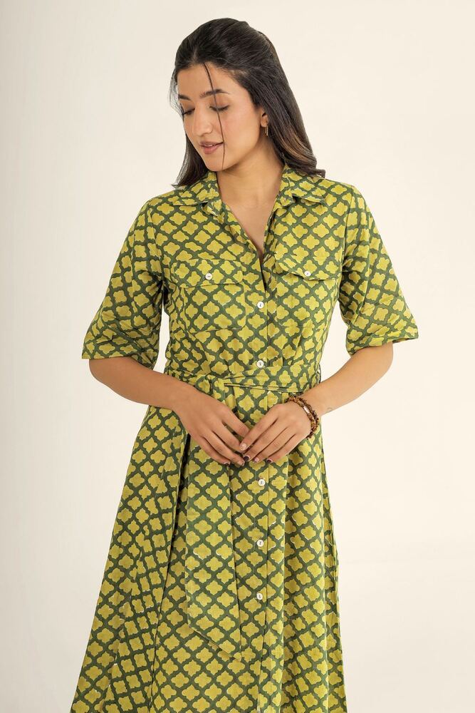 Ladies Green Block Printed Cotton Dress