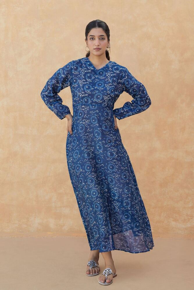 Ladies Blue Block Printed Chanderi Cotton Dress - Feature: Washable