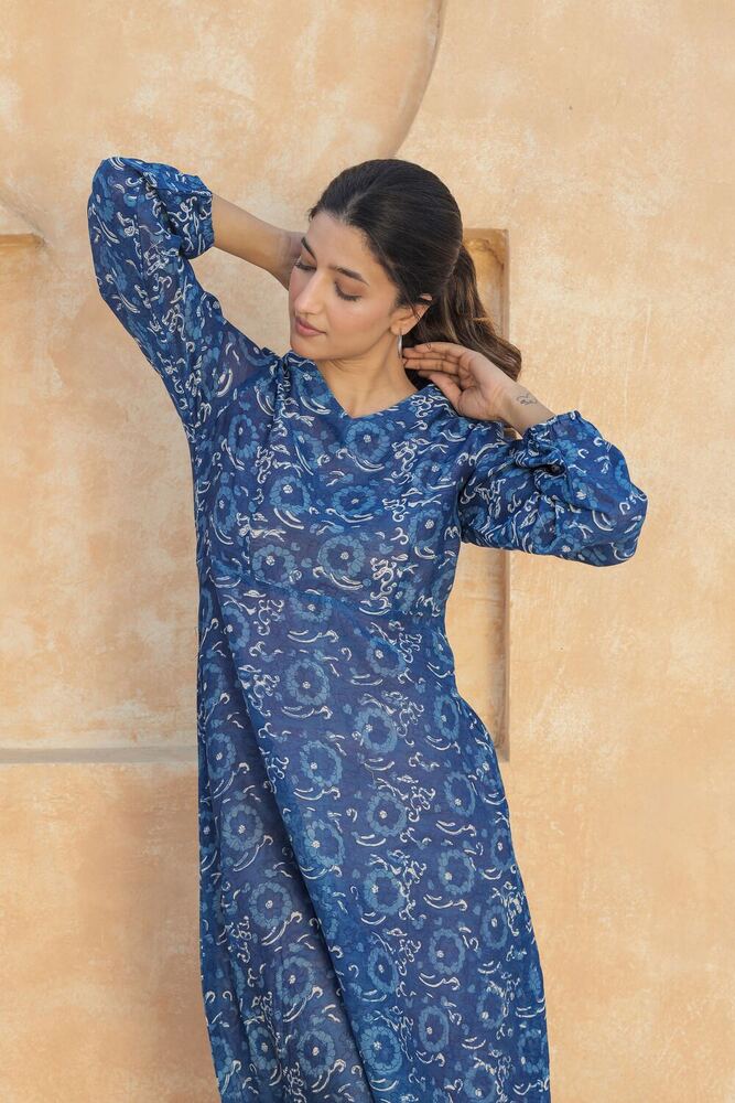 Ladies Blue Block Printed Chanderi Cotton Dress - Feature: Washable