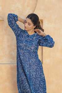 Ladies Blue Block Printed Chanderi Cotton Dress