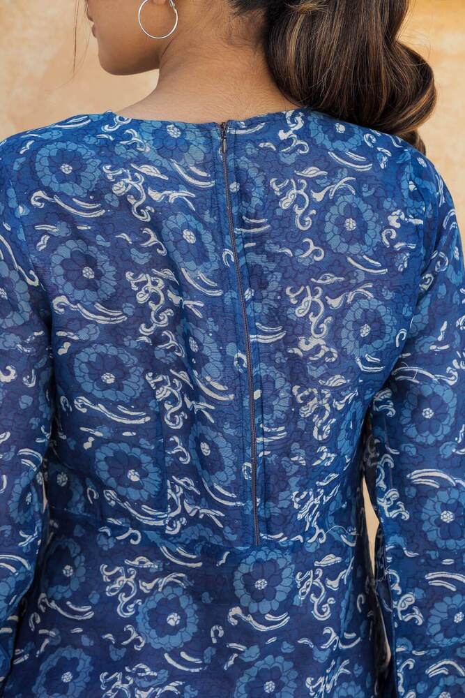 Ladies Blue Block Printed Chanderi Cotton Dress - Feature: Washable