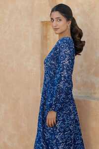 Ladies Blue Block Printed Chanderi Cotton Dress