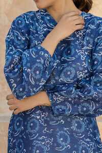 Ladies Blue Block Printed Chanderi Cotton Dress