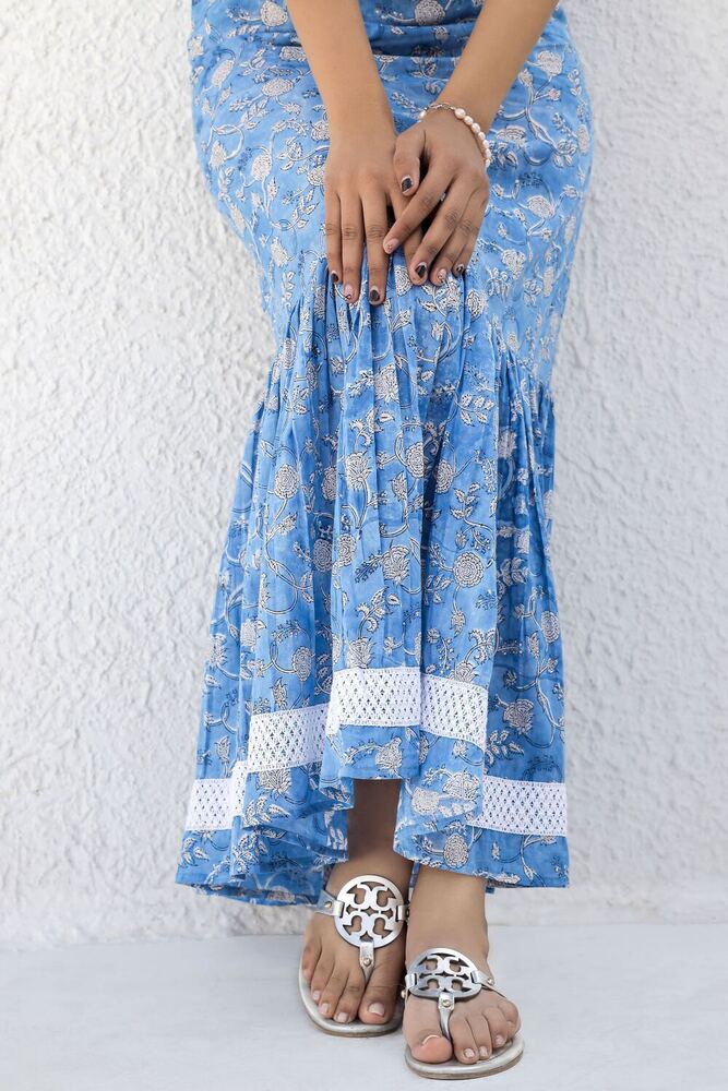 Ladies Blue Block Print Cotton Dress
