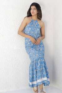 Ladies Blue Block Print Cotton Dress