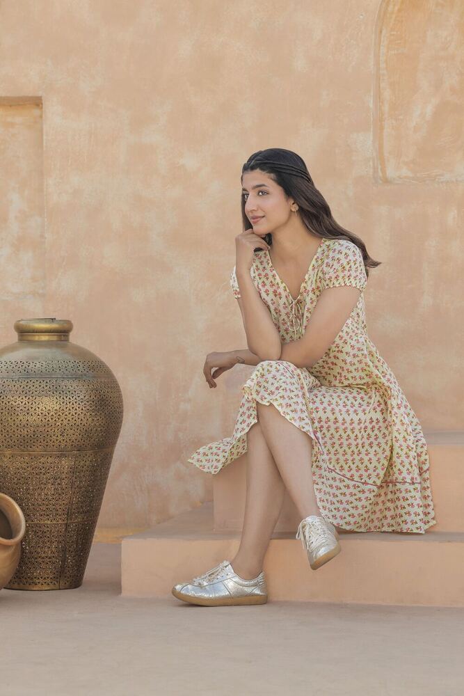 Ladies Beige Printed Cotton Dress