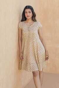 Ladies Beige Printed Cotton Dress