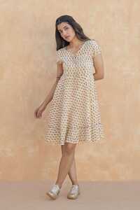 Ladies Beige Printed Cotton Dress