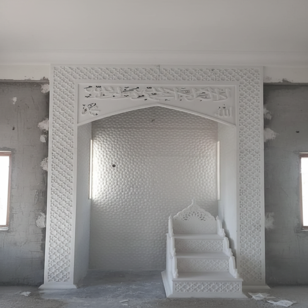 White Marble Qibla Mihrab Geometric Design