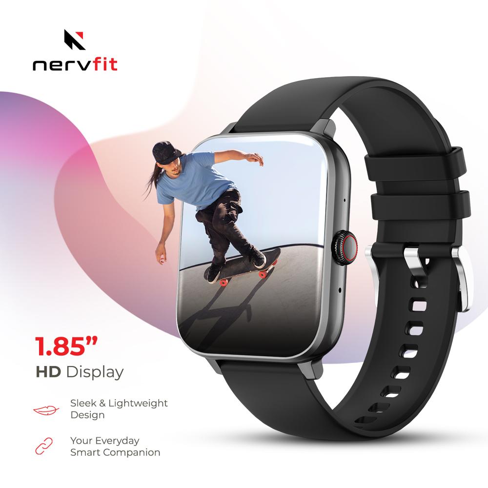 Nervfit Newly Launched Vibe Smartwatch With 1.85" Led Display | Bluetooth Calling | Waterproof | Heart Rate & Spo2 Tracking | Sleep & Stress Monitor | 5-Day Battery | Sports Modes (Midnight Black) - Color: Black