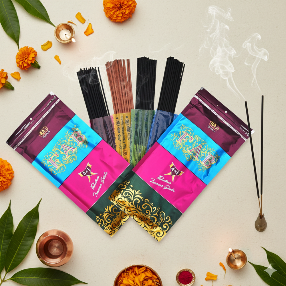 Raj Fab 4 In 1 - Charcoal & Bamboo Incense Sticks, 120g | Eco-friendly, Aromatic, Anti-odour, 4 Soothing Fragrances, 5 Sticks Each