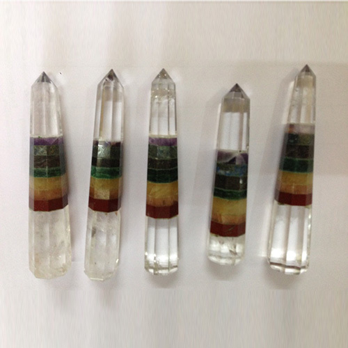 Crystal Clear Quartz And 7-Color Chakra Bonded 8-Facet Jumbo Pencils - Hardness: Rigid
