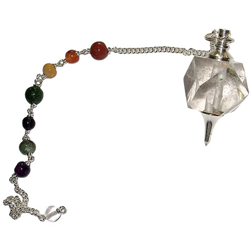 Crystal Clear Quartz ICOSAHEDRON Pendulums With Silver Plated Metal Fittings and With 7-Chakra Chains