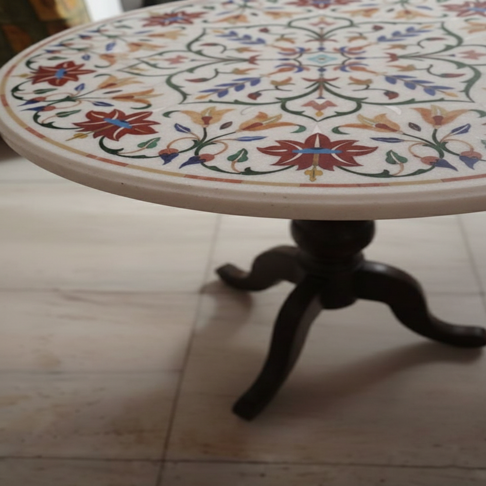 Round White Marble Inlay Work Table Top